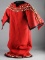Red Wool, Indian Dress, decorated with sea shells at bodice and hem, sleeves and hem are trimmed in