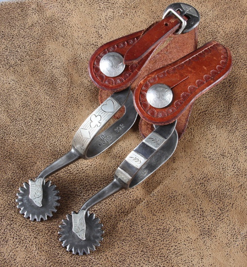 Very desirable pair of double mounted, hand engraved, silver overlaid Spurs by Colorado Bit & Spur M