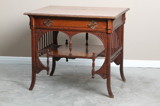 Fancy antique, quarter sawn oak, single drawered Parlor / Library Table, circa 1900, with stick & ba