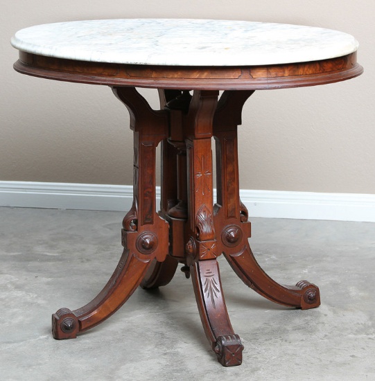 Beautiful Walnut Victorian oval, marble top Parlor Table with burl walnut trim, circa 1870, 28 1/2"