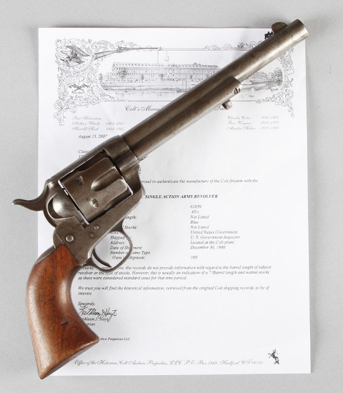 U.S. marked Colt, Single Action Army Revolver, Cavalry Model, .45 Caliber, SN 61839 was inspected by
