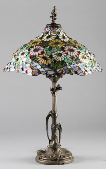 Ornate bronze Table Lamp with ornate leaded, stained glass shade, 33" tall with 20" diameter floral