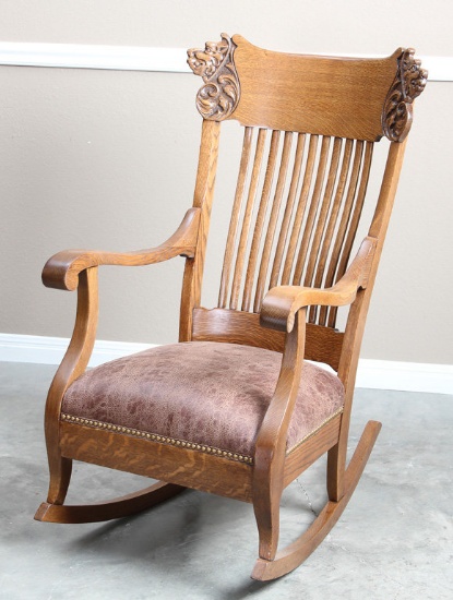 Fancy antique oak high back Rocker, 41 1/" tall at back, with 11 curved slats in back, circa 1910, b
