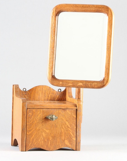 Unique antique, oak wall mounted Shaving Stand with unique telescopic beveled glass mirror, door in