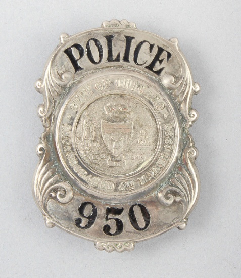 Chicago Police #950 Badge, shield shape with jeweler enamel inlay, 3" tall, circa 1900, type of badg