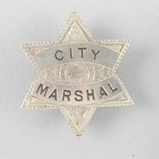 Ornate City Marshall Badge, stock, 6-point star, 2 1/4" across points, hallmark "C.D. Reese, 67 Warr