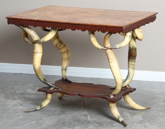 Vintage Steer Horn Table, constructed of 20 steer horns with nice aged patina, with wooden top and s