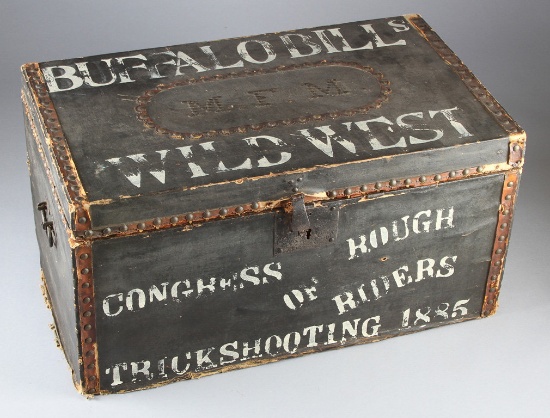 Canvas wrapped, Wild West Style, Traveling Box, with spotted initials on top "M. F. M.", 25" W. x 15