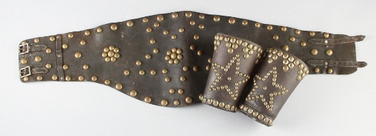 Authentic three piece Wild West Bronco Busting Belt and matching Cuffs, with spotted star in center