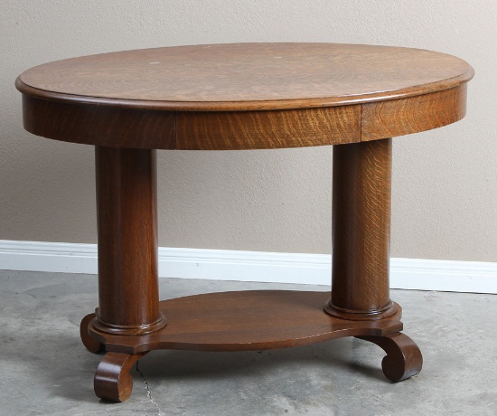 Beautiful, antique double pedestal oak, oval Library Table with empire footed base, 41 1/2" oval top