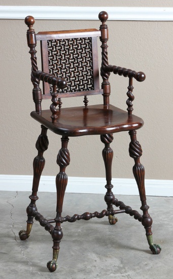 Very unique antique Hunzinger, mahogany Childs High Chair, circa 1900, in original finish, with wove