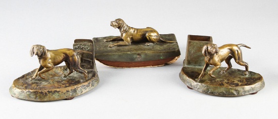Unique three piece Bronze Dog Desk Set, circa 1920s, each piece is 5" W x 7" L, in nice rich patina.