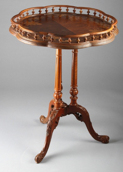 Fancy, circa 1920s cloverleaf, inlaid Pedestal Lamp Table, original finish and condition, 28" tall w