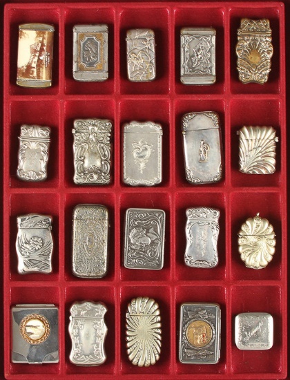 Collection of antique Match Safes, circa 1890s-1900, all have striker bases, some are embossed, some