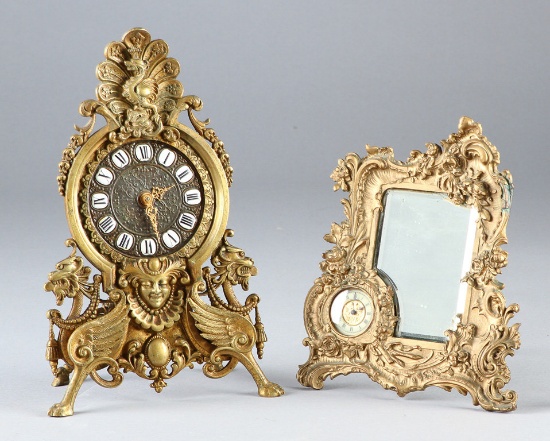 Pair of high quality, antique brass Easel Dresser Clocks, circa 1900-1920s, one has winged lions wit