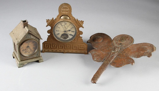 Group of three antique Clocks, two are table models and one is a wall model, circa 1900-1920s.  Bras