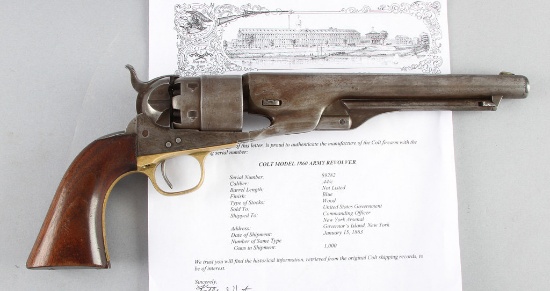 Civil War U.S. Colt, 1860, Army Revolver, .44 Caliber, SN 89282 appears on the barrel frame, trigger