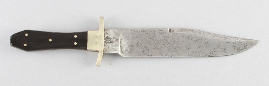 Coffin handled Clip Point Bowie, blade is marked "C.J. Johnson / Sheffield", 8" blade, 13 1/4" overa