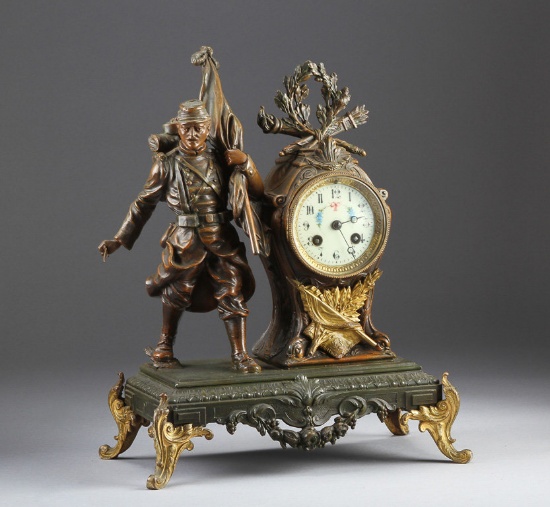 Beautiful antique Statue Clock of soldier holding Flag with bayonet.  Clock has 8-day time and strik
