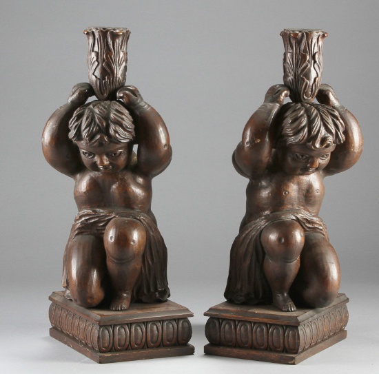 Pair of antique oak figural Candle Stands, full carved Cherubs (American), 22 1/4" T x 10" D x 7" W