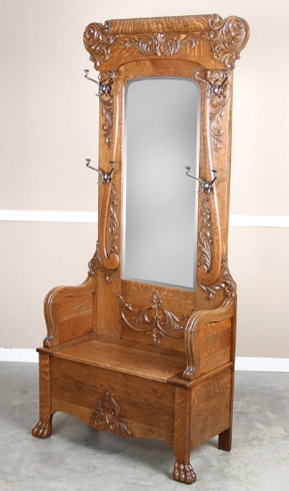 Antique oak, lift seat Hall Tree with ornate cast iron hat hooks, beautiful floral carving with log