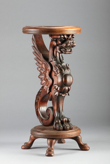 Antique oak, winged Griffin JardiniÅ re Stand, 24 1/4" T, with 18 1/2" full bodied winged Griffin in