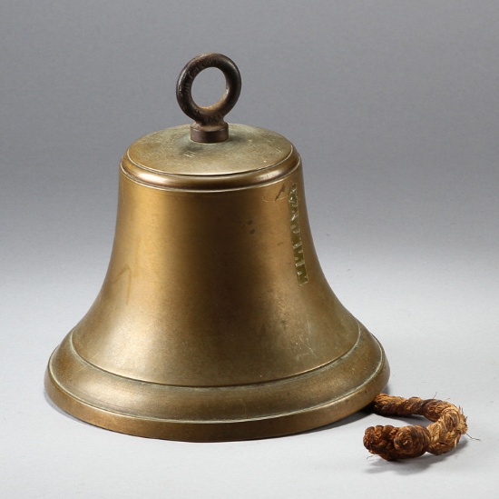 Heavy Bronze Bell, 7 1/4" T x 9 1/2" across, weighs approximately 17 pounds.  Dan Hardesty Estate.