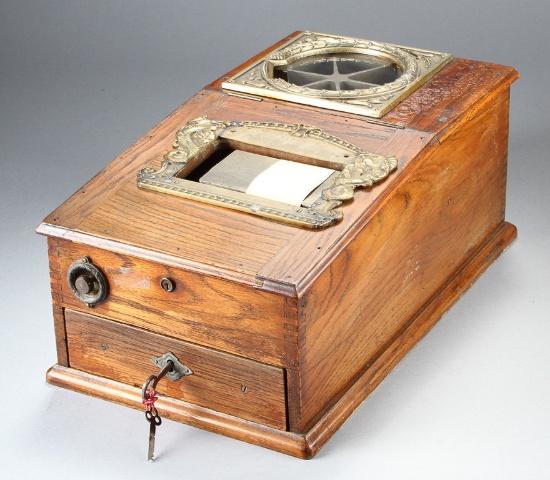 Rare, early oak case, "Martin Kasse Patent", single drawer Autographic Cash Register with paper reel