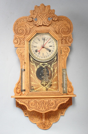 Unusual antique oak, hanging Calendar Kitchen Clock, circa 1900-1910, with original key and pendulum