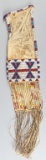 Early Plains Beaded and Leather Pipe Bag with rawhide fringe and porcupine quills, 26 1/2