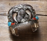 Massive sterling, turquoise & coral mounted Cuff with double bear claws in center, unique 3-dimensio