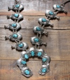 Gorgeous sterling and turquoise Squash Blossom Necklace with beads and ten outside tulips and beauti