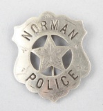 Norman, Oklahoma Police Badge, shield with cut out 5-point star, 2 1/8