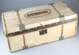 Early Wild West, raw hide covered Traveling Trunk with leather border and early blacksmith made hand