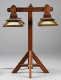 Unique antique, Mission oak,  double Desk Lamp with wooden & stained glass, 7