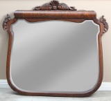 Antique, beveled glass Hanging Mirror in very ornate oak log roll frame with carved crest, circa 190