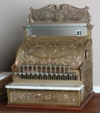 Fancy brass National Cash Register, Model 8, with marble coin shelf and rare Night / Day Clock that