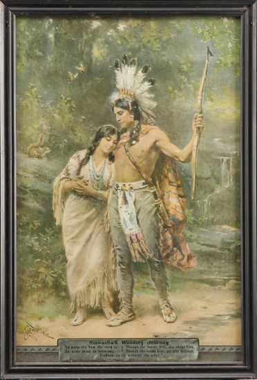 Framed color Lithograph titled "Hiawatha's Wedding Journey", signed lower left J.L.G. Terris, (1865-