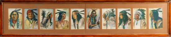Antique framed yard long of 10 Lithographs of famous Chiefs and Indian Maidens, including Sitting Bu