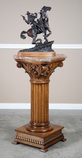 Ornate antique oak, marble top Bronze Pedestal with massive carved capitol and full reeded column on