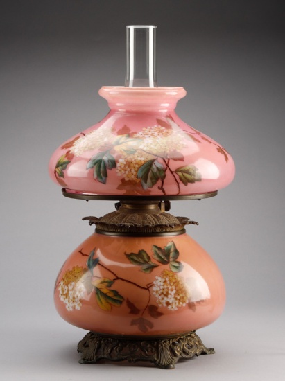 Oversize, antique Victorian, hand painted oil Table Lamp on ornate footed base, circa 1890s, 22" T.