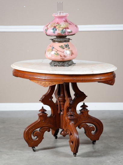 Early Victorian oval marble top Parlor Table, circa 1870, with ornate finial base, excellent finish