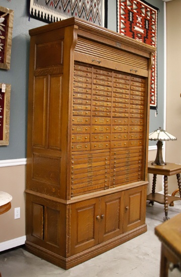 Beautiful antique 2-piece, multi-drawer, oak roll front Collectors Case, 7 ft. 8" T x 57" W x 24" D,