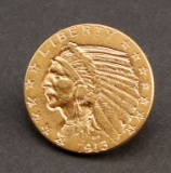 American Gold $5.00 Gold Piece, Indian Head, dated 1913, very fine condition.