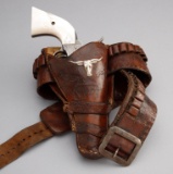 Unique, vintage leather Cartridge Belt and double loop, tooled Holster for a Colt, 4 3/4