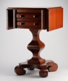 Early Empire style 2-drawer mahogany pedestal, drop leaf Sewing Stand, in excellent finish and condi