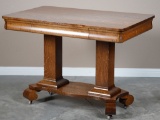 Antique quarter sawn oak, double pedestal Library Table with hide away drawered skirt, 30