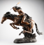 Large action Bronze marked by artist S. Kelieam of Indian Brave on Horse Back with spears, hollow br