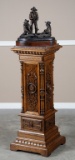 Fancy antique oak Bronze Pedestal, circa 1900, carved on all four sides with column center support,