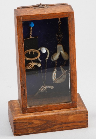 Unusual wooden antique Case accompanied by three antique gold, silver and mother of pearl Watch Fobs